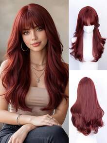 Women's High-End Long Wavy Bangs Wig, Natural And Realistic Heat-Resistant Synthetic Fiber Material, Elegant Layered Design Suitable For Daily, Date, Party And Other Occasions - Multicolor - View 12