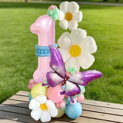 47件套40英寸粉色数字气球套装，包含0-9大号数字铝箔气球、蝴蝶造型气球、雏菊气球、马卡龙粉色、黄色、蓝色、绿色乳胶气球，适用于生日派对、蝴蝶主题派对、婴儿派对装饰。