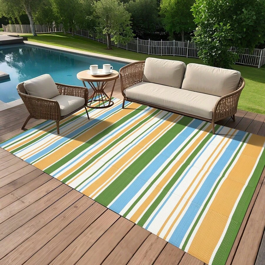 Striped Outdoor Area Rug, Waterproof Outdoor Rug,Reversible Outdoor Rugs, Patio Plastic UV Resistant Garden Rug, Plastic Straw Rug With Portable Bag For Front Door, Kitchen, Entryway, Patio, Porch - Amarillo/azul/verde/blanco-8*10 pies (244*305 cm) - Ver 1