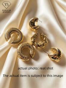 5pcs Exaggerated Earring Set, European And American Hip-Hop Style Thick Cylinder Hollow Ear Clips, Gold-Plated Earrings For Non-Pierced Ears - 5-piece Set - View 7