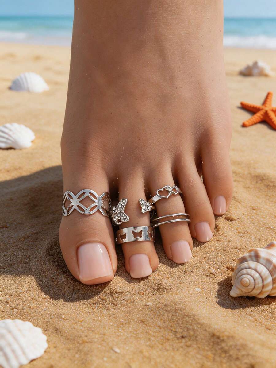 一套时尚简约蝴蝶镶钻心形脚趾戒指，适合女性，可用于海滩度假、海边约会、旅行、日常佩戴，也可作为礼物。 - 銀色 - 查看 1