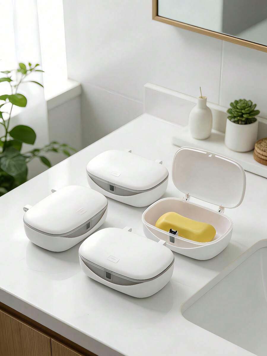 1pc Minimalist Soap Dish, Plastic Draining Soap Tray With Cover, Bathroom Soap Holder, Portable Travel Soap Storage Box, Bathroom Accessories - A - View 1