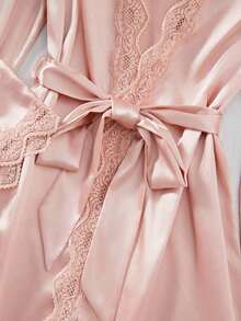 5pcs Solid Color Satin & Lace Patchwork Pajama Set, Including Long Sleeve Robe, V-Neck Camisole, Shorts, Pants And Belt, Elegant Women Sleepwear Loungewear - Burgundy - View 10
