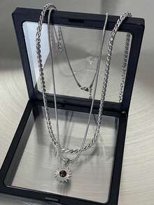 2pcs Sunflower Pendant Stainless Steel Chain Necklace For Men, Layered Wear Collarbone Chain - Silver - View 3