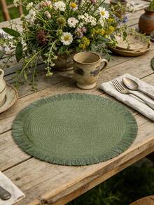 1/2/4/6/8pcs 15-Inch Round Woven Tassel Placemats, Heat-Resistant Table Mats, Bohemian Style Tassel Placemats, Hotel & Restaurant Tableware Decor, Living Room & Dining Table Non-Slip Pads, Suitable For Family Gatherings, Weddings, Parties - Dark Green - View 3