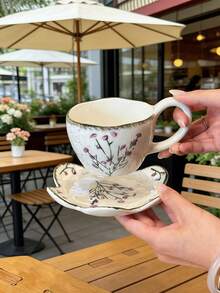 1 Set, Modern Minimalist Ceramic Cup & Saucer, Heat-Resistant Hand-Painted Petal Cup & Saucer, Tea/Coffee Cup & Saucer Set, Gift For Friends & Family, Suitable For Home, Office, Gathering - Multicolor - View 9