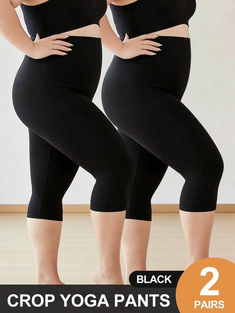2 pièces/set Pantalon de yoga grande taille haute élasticité 7/8, séchage rapide et respirant, leggings de fitness confortables et non compressants - Noir - Voir 1