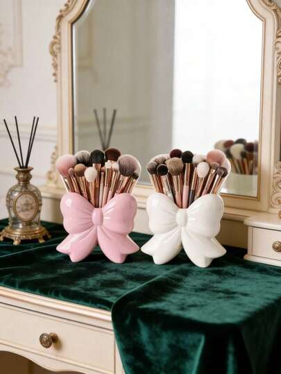 1pc Creative Bow Makeup Brush Holder, Available In Pink Or White, Cosmetic Storage Box, Desk Pen Cup, Suitable For Vanity, Bathroom Cabinet, Office Desk, Dorm, Sweet Home Decor, Great Gift For Girls