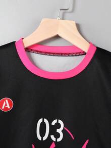 Set de 2 piezas de ropa deportiva para niños, camiseta de manga corta con cuello redondo y estampado numérico, y pantalones cortos, conjunto de ropa deportiva casual de verano - Negro - Ver 5