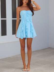 PEONY 女士夏季休闲优雅无肩带无袖荷叶边迷你连衣裙，浅蓝色清新显瘦 A 字裙摆，适合夏季假期、约会、海滩度假、仙气飘飘、节日庆典、返校季、派对等场合。 - 淺藍色 - 查看 9