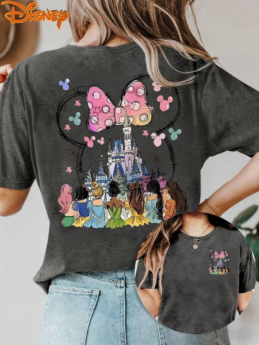 Disney Princess Minnie Mouse Bow Castle Print Oversized T-Shirt For Women, Cute Mickey Head Balloon Fireworks Graphic Loose Fit Casual Tee, Vintage Magic Kingdom Short Sleeve Tops For Disney Trip Vacation Daily Wear, Camiseta, Summer Outfits For Women, Summer Clothes, Summer Tops, Tops For Women, Festival Outfits, Summer Tops For Women, Mother's Day, Mother's Day Clothing, Gifts For Family And Friends, Spring Outfits For Women, Officially Licensed Disney T-Shirts, Disney Men's And Women's Spring/Summer Fashion Casual Short-Sleeve T-Shirts - 灰色 - 查看 1