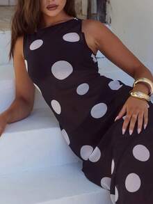 Women's Maxi Dress Boat Neck Sleeveless Vintage Mesh Polka Dot Summer Vacation Outfit - 黑色 - 查看 2