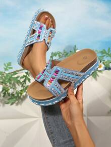 2026春夏新款女士凉鞋，双扣设计，镶钻时尚厚底拖鞋，随机花卉图案，度假海滩必备，适合全天穿着 - 藍色 - 查看 5