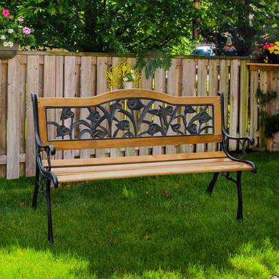 Outsunny 50" 2-Seater Garden Bench Chair, Loveseat For Yard, Lawn, Porch, Patio, Cast Iron/ Wooded, Natural