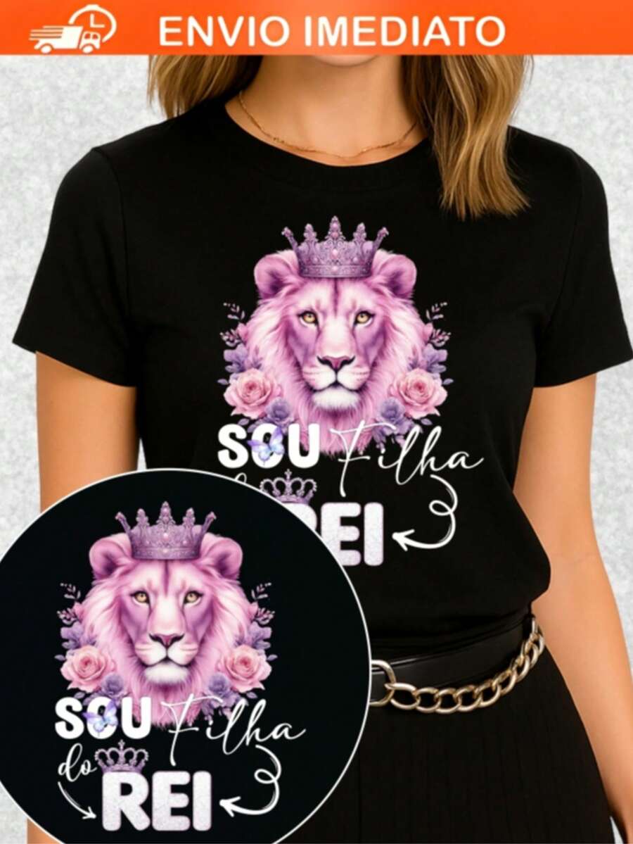 Women's Black Cotton T-Shirt With Lion Print, Crew Neck, Short Sleeves, And Regular Length. Made From Medium-Stretch Fabric With Ribbed Knit Details. - 黑色 - 查看 1