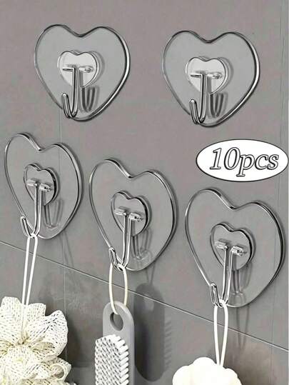10pcs/50pcs Powerful Transparent Adhesive Wall Hooks - Casual Style, Easy Installation Without Drilling, Plastic Heart-Shaped Practical Hooks, Suitable For Kitchen And Bathroom, Wall-Mounted Storage Organizer, Bathroom Storage Rack, Bathroom Decor, Autumn Decor, Back To School Decor