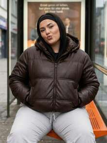 Women's Plus Size Oversized Puffer Jacket With Removable Hood, Premium Style, Large Size, Bobojac - Rust Brown - View 4
