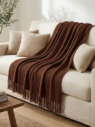 1pc Beige Knitted Blanket, Nordic Style Acrylic Rectangular Office Nap Sofa Blanket, Air Conditioning Blanket, Knitted Small Blanket, Shawl, Throw Blanket, Bed Scarf