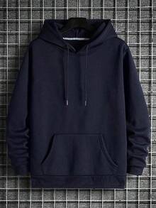 Plain Fleece Sweatshirt With Pocket And Hood, Versatile, Warm And Comfortable Cotton Jacket For Winter - 藏蓝色 - 查看 1