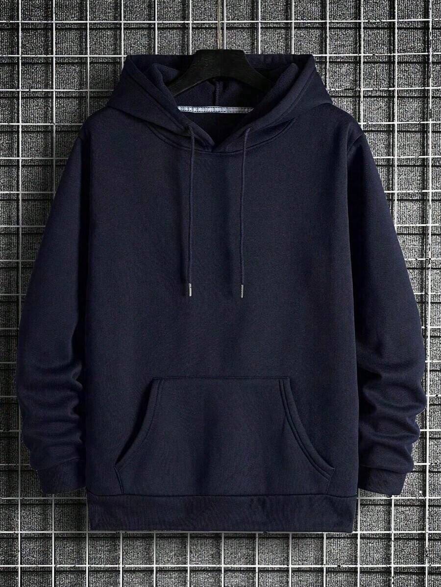 Plain Fleece Sweatshirt With Pocket And Hood, Versatile, Warm And Comfortable Cotton Jacket For Winter - 藏蓝色 - 查看 1