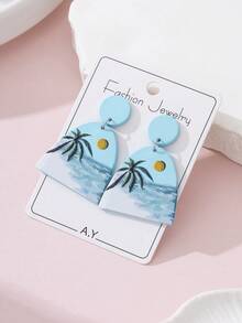 1 par de pendientes colgantes de diseño de cerámica blanda con esmalte, con motivos de árbol de coco, puesta de sol y océano, decorativos para fiestas de vacaciones de verano - Azul menta - Ver 3