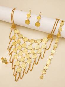 5pcs Vintage Coin Shaped Jewelry Set, Including Copper Gold Necklace, Bracelet, Earrings And Ring With Round Textured Pattern, Suitable For Daily Wear By Middle Eastern And Arabic Women - Yellow Gold - View 5