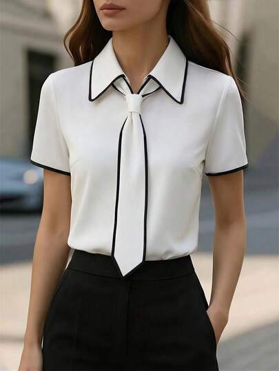 Blusa casual con corbata para mujer, camisa versátil para uso diario en la oficina, para ir y venir del trabajo y salidas