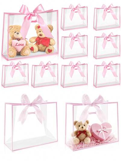 12 Pcs Clear Plastic Mother's Day Gift Bag 7x10 Inch With Die Cut Handles PP Favor Bag With Bow Ribbon Transparent Gift Wrap Bags For Galentines Day Party Graduation Season Gifts Wedding Bridal Birthday Party Small Business, (Pink)