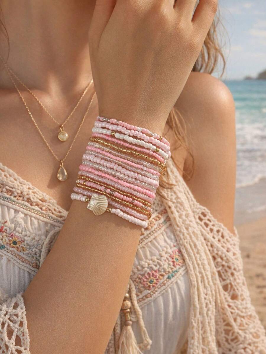 17件套波西米亚贝壳串珠叠层手链套装，适合女性，夏季海滩度假日常休闲佩戴，母亲节、节日、生日礼物。 - 粉色 - 查看 1