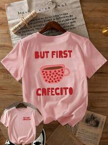 Plus Size Women's "But First Coffee" Coffee Cup Print T-Shirt, Casual Crew Neck Suitable For Spring, Summer, Autumn, Perfect For Valentine's Day And Vacation - Pink - View 2