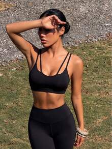 New Style Black Double-Shoulder Yoga Top For Women, Featuring A Flattering Back, Push-Up Design, Slimming, Wire-Free, Suitable For Yoga, Running, And Training. - Black - View 4