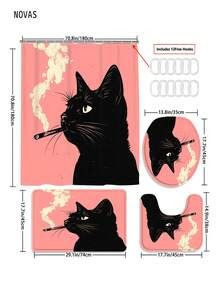 1/3/4件套黑猫浴室套装，包含浴帘、马桶盖、浴垫和地毯 - 复古粉色，防水防霉塑料面料 - 适用于节日装饰、家居/卧室/住宅/西式/夏季装饰 - A - 查看 3
