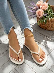 Women Braided Detail Thong Sandals, Vacation Sandals - 白色 - 查看 2