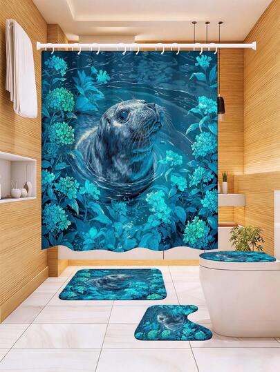 1/3/4 Pcs Cute Seal & Hydrangea Shower Curtain Set, Dreamy Blue Watercolor Ocean Print Waterproof Mildew-Proof Bathroom Shower Curtain, Soft Non-Slip Bathroom Rug Set (Toilet Seat Cover + U-Shaped Mat) With 12 Hooks, Suitable For All Seasons, Magical Healing Style Home Bathroom Decor, Ideal For Daily Use, Rental Renovation, Holiday Bathroom Refresh, Separate Wet And Dry Shower Area, Housewarming/Birthday/Children's Day/Mother's Day/Father's Day Gift