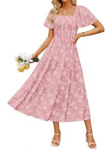 ZESICA Women's Summer Boho Floral Midi Dress 2026 Casual Short Sleeve Square Neck Flowy Beach Vacation Long Dress - Hồng - Xem 1