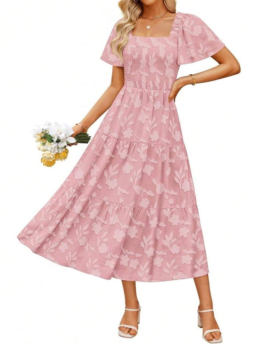 ZESICA Women's Summer Boho Floral Midi Dress 2026 Casual Short Sleeve Square Neck Flowy Beach Vacation Long Dress - Hồng - Xem 1