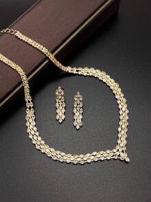 3 piezas Conjunto de joyería de collar y aretes con rhinestones de lujo, adecuado para novia, boda, uso diario, fiesta, vacaciones, accesorios elegantes y versátiles de alta gama - Dorado - Ver 4