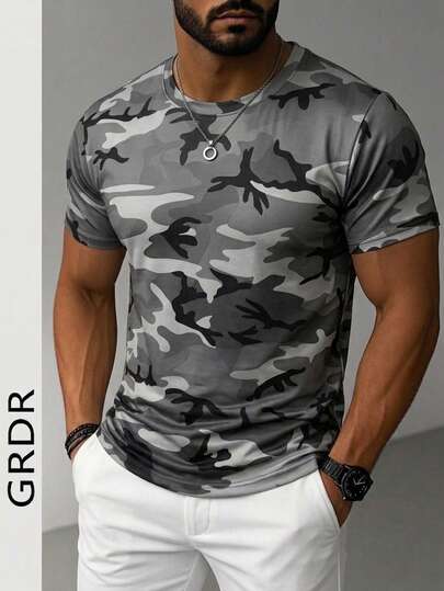 GRDR 1 chiếc áo thun nam tay ngắn cổ tròn họa tiết rằn ri tối giản, phong cách mùa hè, thoải mái và thời trang.