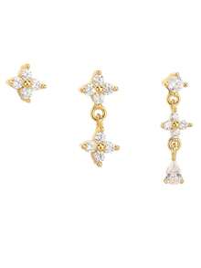 Set de 3 piezas de aretes colgantes con flor enchapada en oro y circonita, aretes delicados y con capas, adecuados para uso diario, oficina, boda y ocasiones de cumpleaños - Conjunto de pendientes con borlas y pétalos - Ver 5