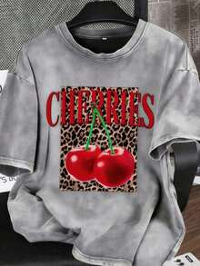 Vintage Tops2026 Summer TopsEs Trus Cotton Summer Women's Funny Graphic Tee, Streetwear Style Leopard Print Cherry Letter Pattern, Comfortable Retro Basic Casual Chic Y2K Tee For Door, Regular Petite Punk Slim Fit Black Round Neck Short Sleeve Washed T-ShirtLoose And ComfortableshirtLoose And Comfortablesummer Clothes Women Retro Clothes Women - 灰色 - 查看 1