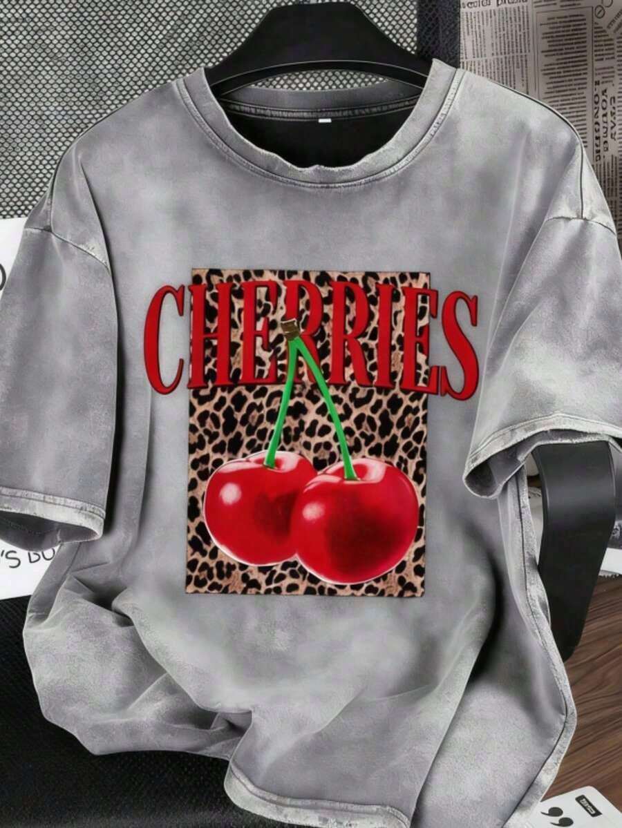 Vintage Tops2026 Summer TopsEs Trus Cotton Summer Women's Funny Graphic Tee, Streetwear Style Leopard Print Cherry Letter Pattern, Comfortable Retro Basic Casual Chic Y2K Tee For Door, Regular Petite Punk Slim Fit Black Round Neck Short Sleeve Washed T-ShirtLoose And ComfortableshirtLoose And Comfortablesummer Clothes Women Retro Clothes Women - 灰色 - 查看 1