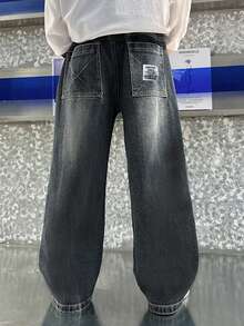 Tween Boy Letter Embroidered Patch Wide Leg Loose Casual Jeans - Black - View 5