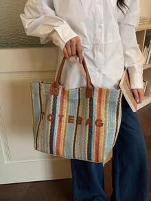 Colorful Striped Straw Tote Bag, Large Capacity Handbag, Versatile Casual Beach Bag For Travel & Vacation - Brown - View 4