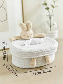 1pc Cute Cotton Rope Tissue Box, Cartoon Bear & Rabbit Design Paper Towel Holder, Home Decor For Living Room & Bedroom, Anti-Collision Storage Box - White - View 4