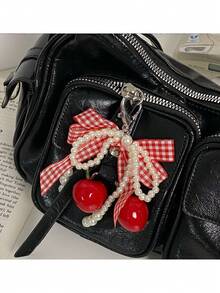 1pc Sweet Girl Red Cherry Plaid Bow Faux Pearl Bag Charm, Heart Shaped Keychain Pendant, Y2K Girly Bag Accessory, 2026 Spring/Summer New Ins Style, Ideal Gift For Girlfriend/Best Friend Accessoires Charms For Bag Teacher Gifts - Red - View 4