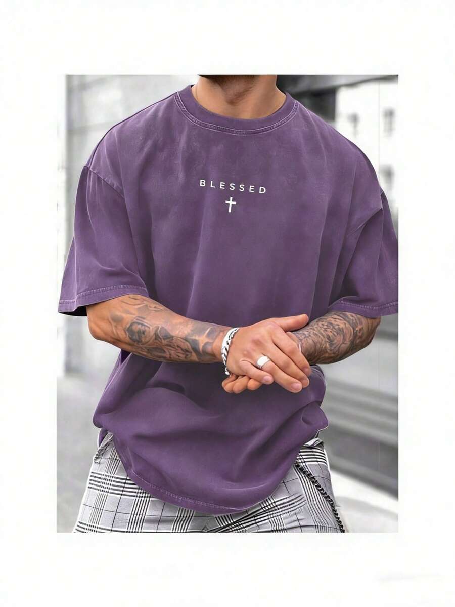 [100% Cotton Top] Cross & Letter Print Washed Tee - Retro Round Neck Breathable Streetwear, Casual Short Sleeve T-Shirt For Summer, Top For All Season - 紫色 - 查看 1