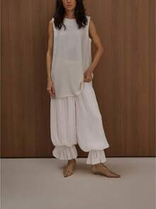 Women Baggy Balloon Long Pants Y2K Bubble Pleated Oversized Bloomers Elastic High Waist Wide Leg Lantern Harem Pants For Summer - 白色 - 查看 3