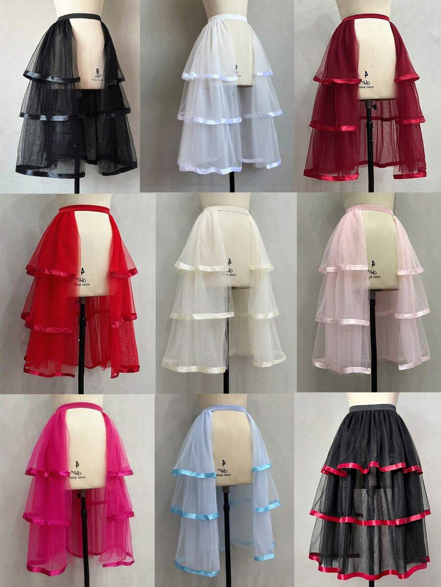 1pc Bride's Black Elastic Detachable 5-Layer Net 3-Layer Ribbon Black Party Mid-Length Tulle Skirt,Summer,Beach,Wedding,Elegant,Birthday - Multicolor - View 1