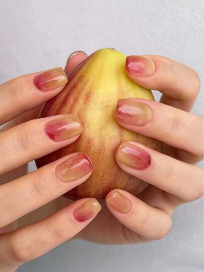 24 Pcs Gradient Acrylic Press On Nails Short Square Press On Nails Fruit Shapes Decoration Fashion Y2K Fresh Style Surface Glossy Full Cover Fake Nails For Women And Girls Daily Wear Suitable For Spring