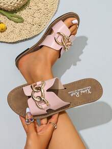 2023 New H-Shaped Slippers, Women's Fashion Casual Strap Roman Style Slip-On Sandals, Comfortable Black, Beige, Brown Flat Embossed Slides, Blogger Recommended Desert Key French Elegant Rhinestone Thick Bottom Wedge Sandals, Summer Beach Shoes, Minimalist Indoor Outdoor Anti-Odor Anti-Slip Slippers, Crocodile Pattern Flat Metal Decor Sandals - Baby Pink - View 4